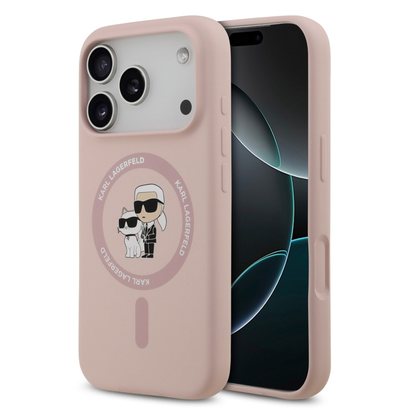 Karl Lagerfeld Liquid Silicone Karl és Choupette MagSafe hátsó tok iPhone 18 Pro-hoz, rózsaszín