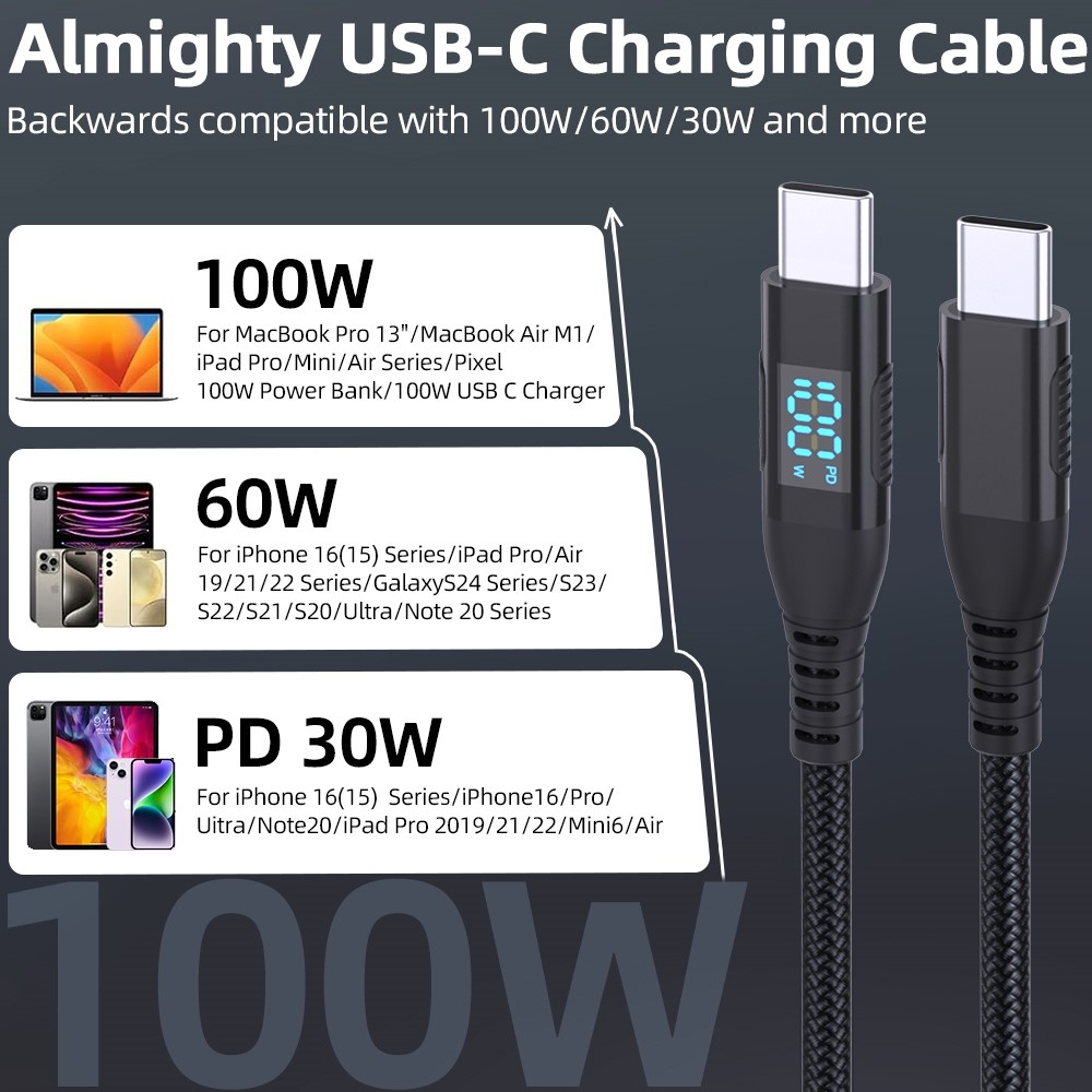 Nejlon USB-C / USB-C kijelzőkábellel 1m 100W - fekete