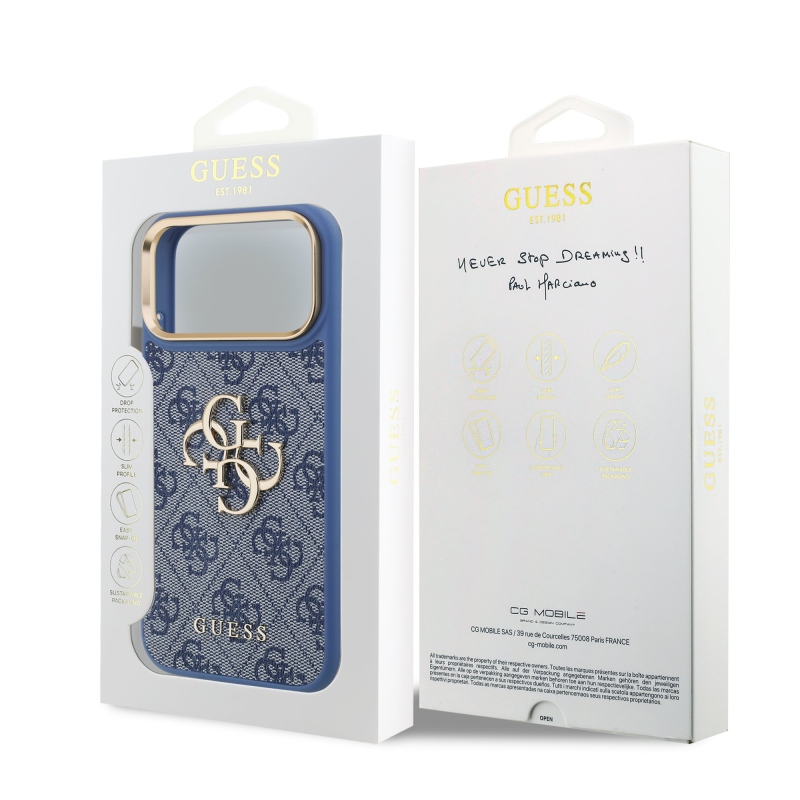 Guess PU bőr 4G fém logóval és arany kerettel ellátott hátlap az iPhone 18 Pro Max-hoz, kék