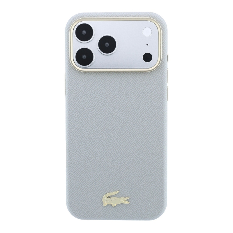 Lacoste PU bőr Champs-Élysées arany logós MagSafe hátsó tok iPhone 18 Pro Max-hoz, világosszürke