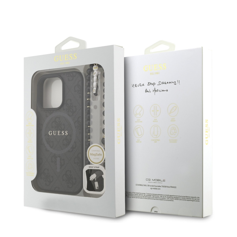 Guess PU bőr 4G színes gyűrűs pánt MagSafe hátlap iPhone 16 Pro Max-hoz fekete