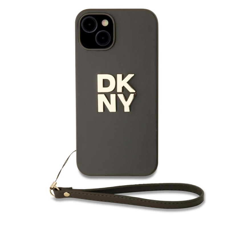 DKNY PU bőr Stack Logo csuklópánt hátlapi borító iPhone 15-hez Barna
