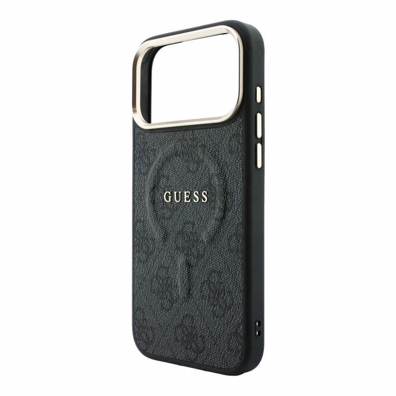 Guess PU bőr 4G aranykeretes, dombornyomott MagSafe hátsó tok iPhone 18 Pro-hoz, fekete