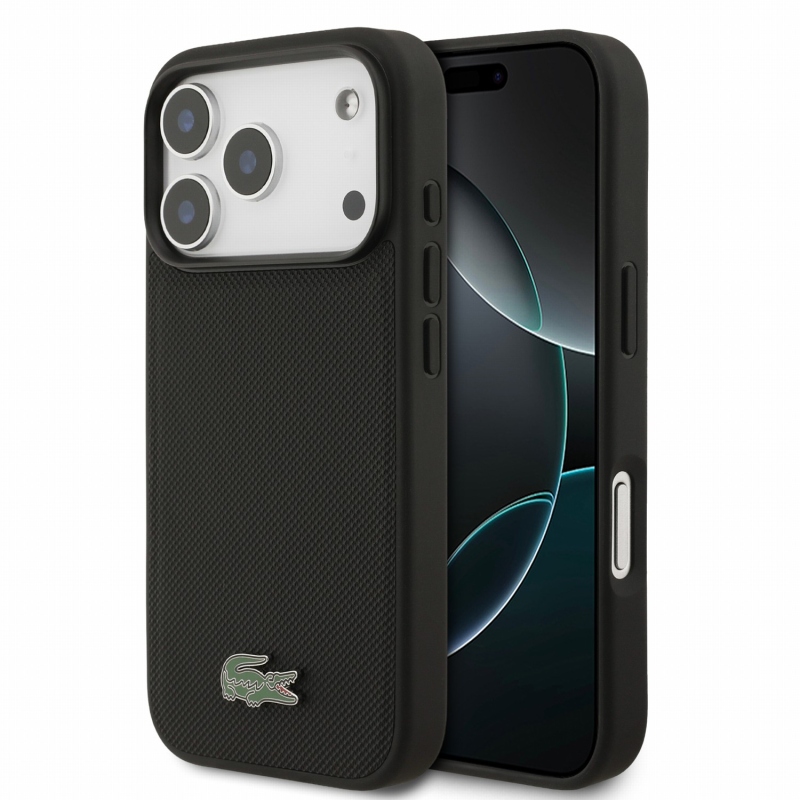 Lacoste PVC Iconic Petit Pique fém logós MagSafe hátsó tok iPhone 18 Pro-hoz, fekete
