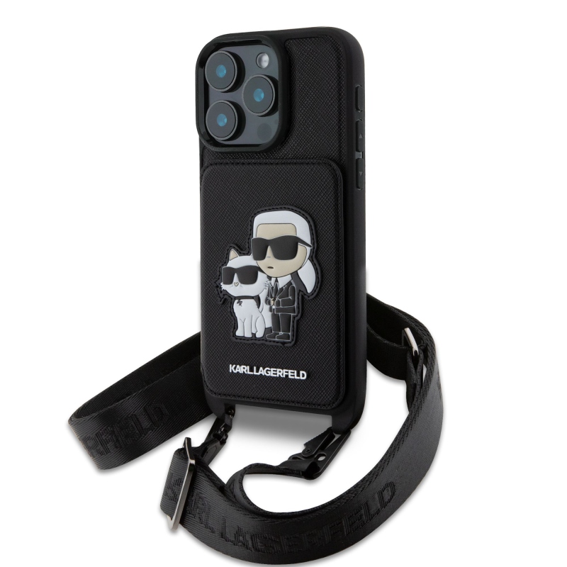 Karl Lagerfeld Saffiano Crossbody Strap Karl és Choupette borító iPhone 16 Pro-hoz Fekete