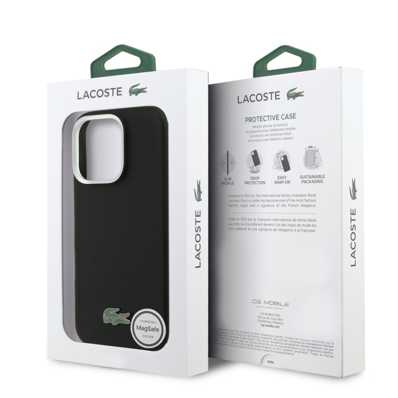 Lacoste PVC Iconic Petit Pique fém logó MagSafe hátlap iPhone 16 Pro-hoz Fekete