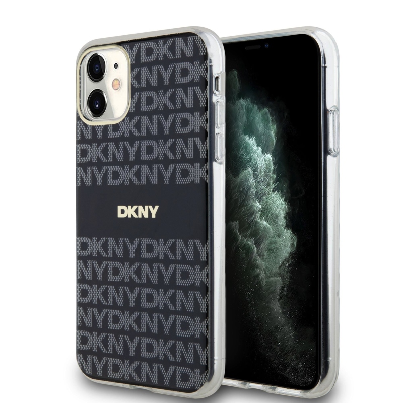 DKNY PC/TPU ismétlődő mintás tonális csíkos Magsafe hátlap iPhone 11-hez Fekete