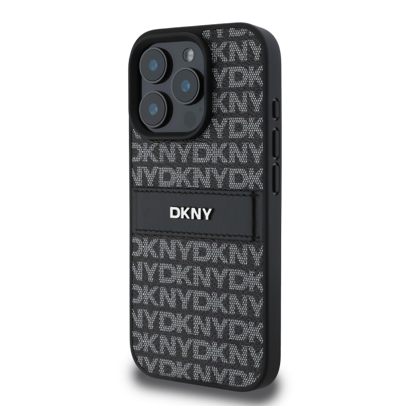 DKNY PU bőr ismétlődő mintás tonális csíkos hátlapi borító iPhone 16 Pro Fekete