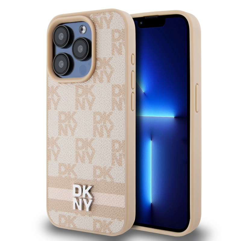 DKNY PU bőr kockás mintás és csíkos hátlapi borító iPhone 15 Pro rózsaszínhez