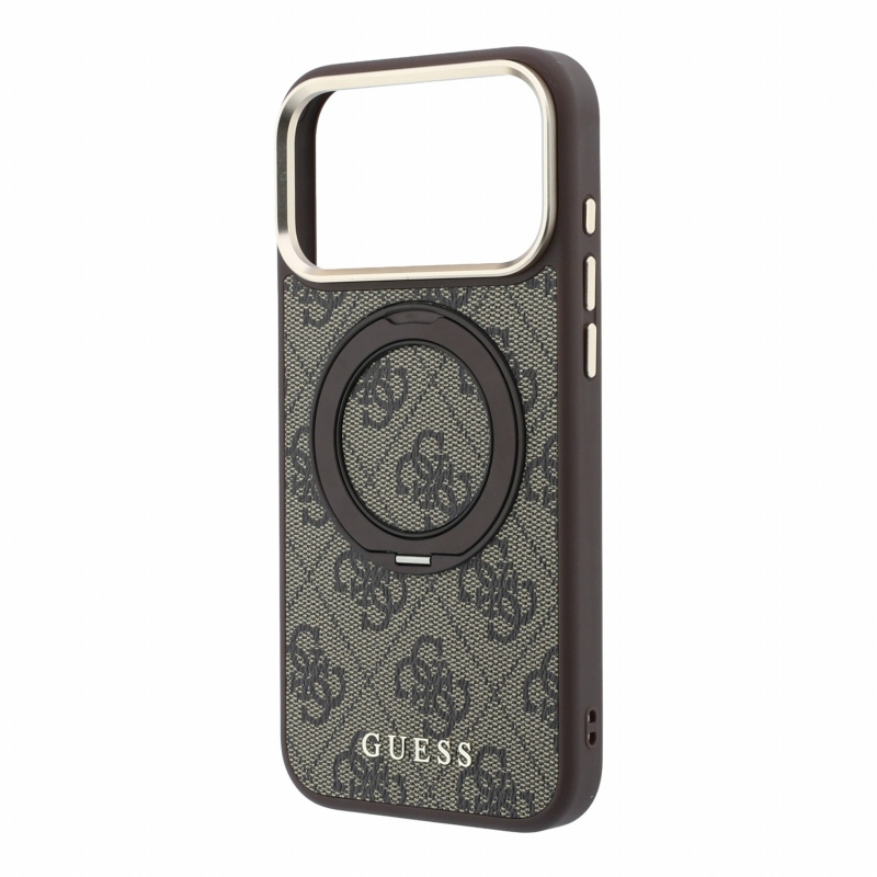 Guess PU 4G Ring Stand MagSafe hátsó tok iPhone 18 Pro Max-hoz, barna