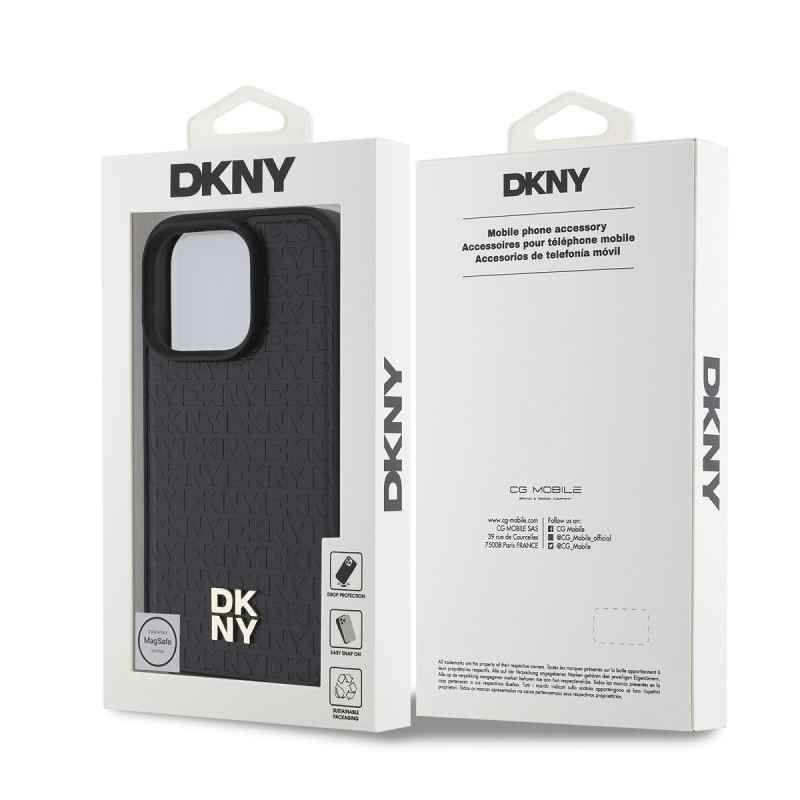 DKNY PU bőr Ismétlődő mintás Stack Logo MagSafe hátlap iPhone 16 Pro Max-hoz Fekete