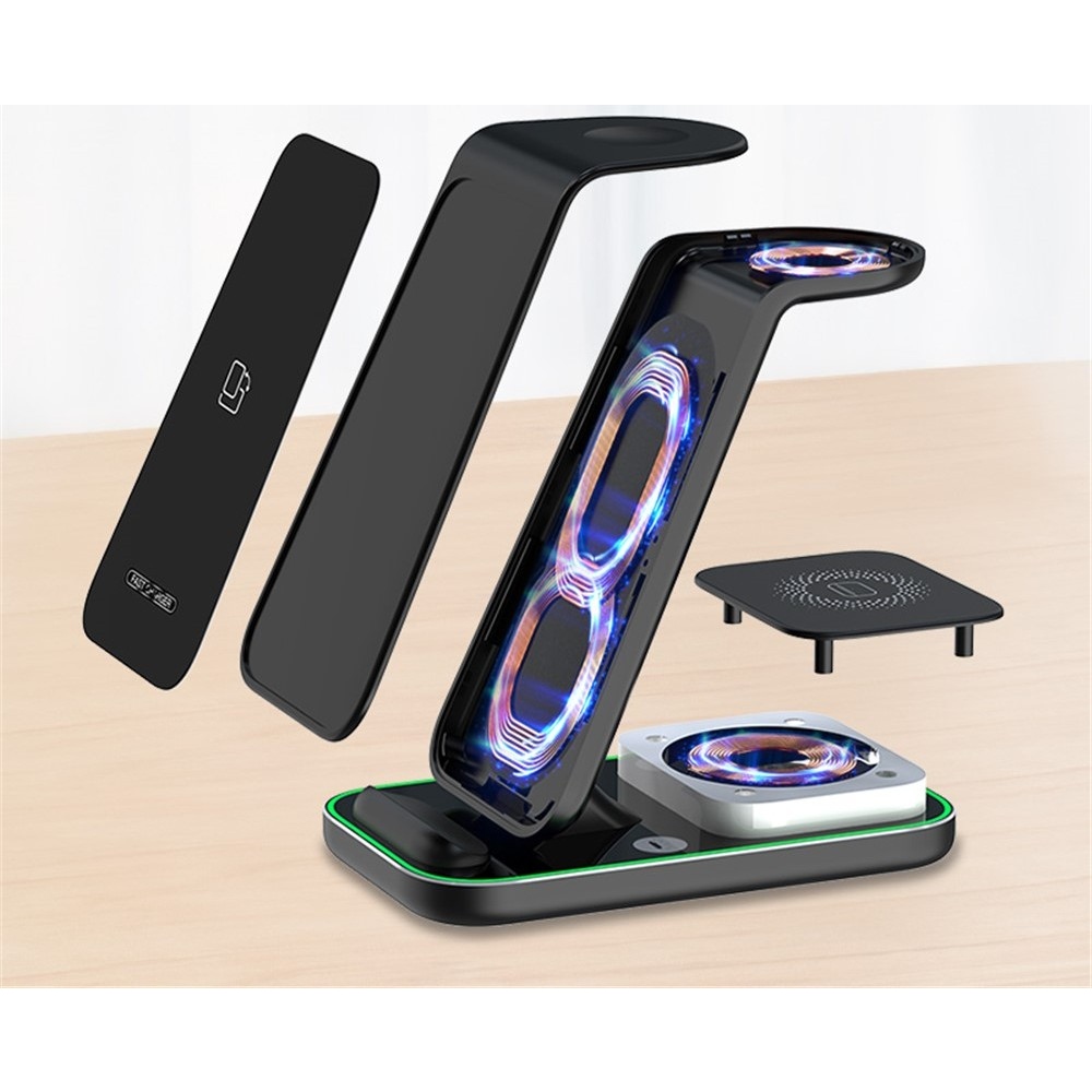 YF-A6 3 az 1-ben 15 W-os vezeték nélküli töltőállomás éjszakai fénnyel - fekete