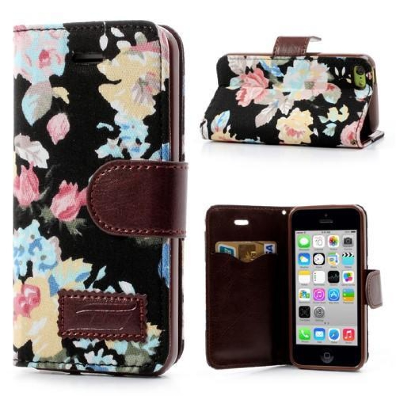 Virágos PU bőr/textil tok iPhone 5C készülékhez - fekete