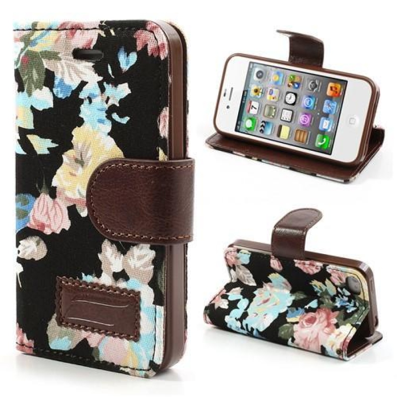 Virágos textil/PU bőr tok iPhone 4 és 4s készülékhez - fekete