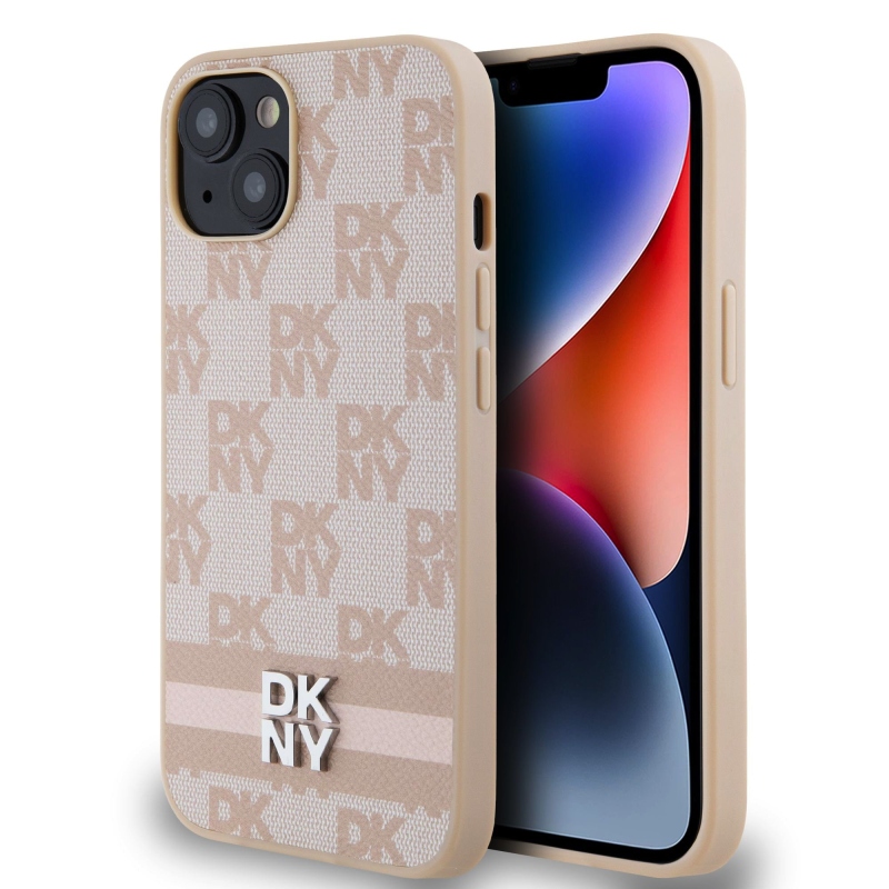 DKNY PU bőr kockás mintás és csíkos hátlapi borító iPhone 13 rózsaszínhez