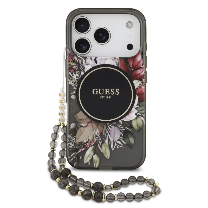 Guess IML Flowers Strap MagSafe hátlapi borító iPhone 17 Pro Fekete