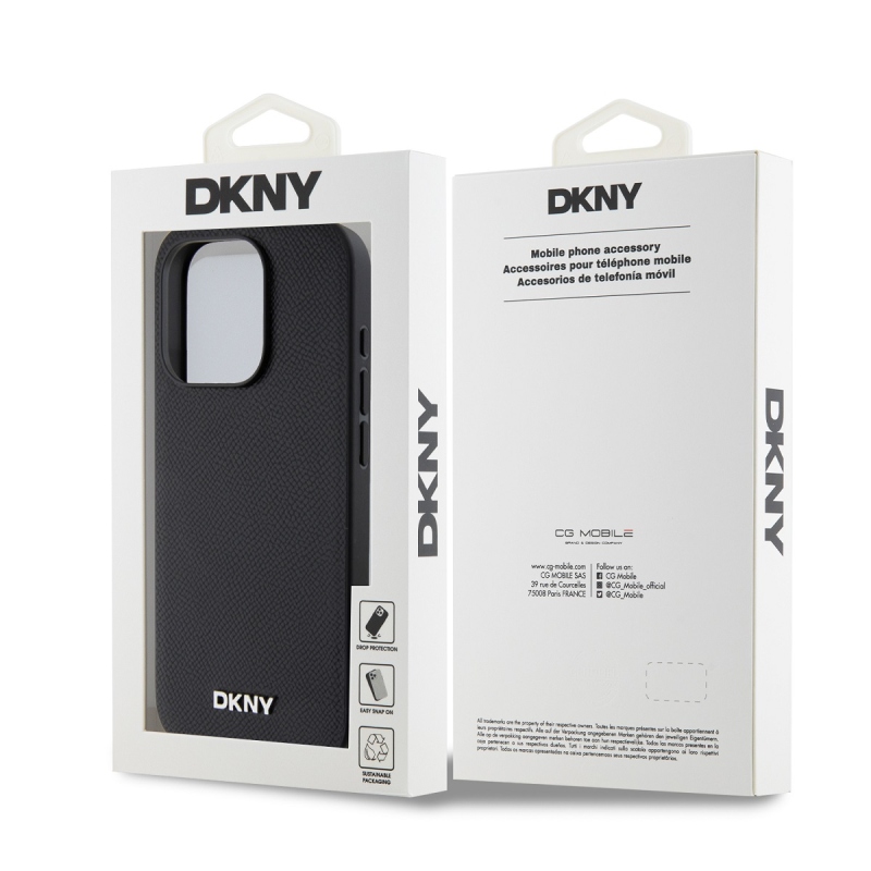 DKNY PU bőr ezüst fém logó Magsafe hátlap iPhone 15 Pro Max-hoz Fekete