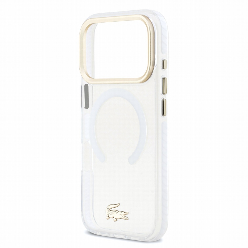 Lacoste IML ütésálló Petit Pique arany logós MagSafe hátsó tok iPhone 18 Pro-hoz, átlátszó
