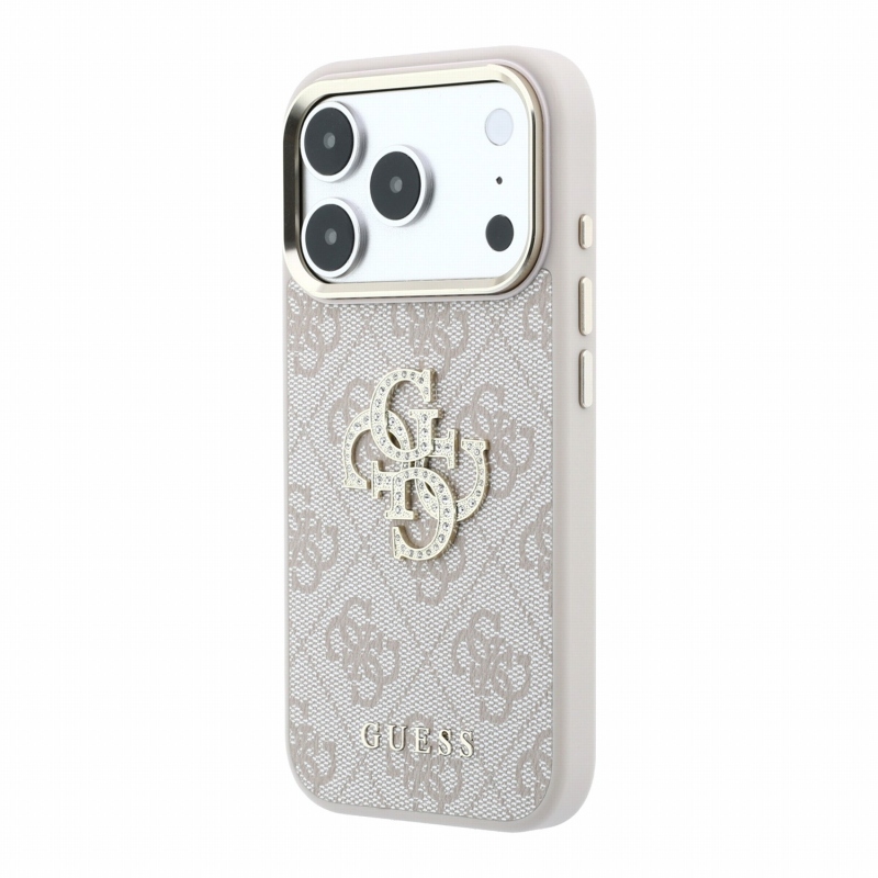Guess PU 4G Strass Metal Logo hátsó tok iPhone 18 Pro Max-hoz, rózsaszín