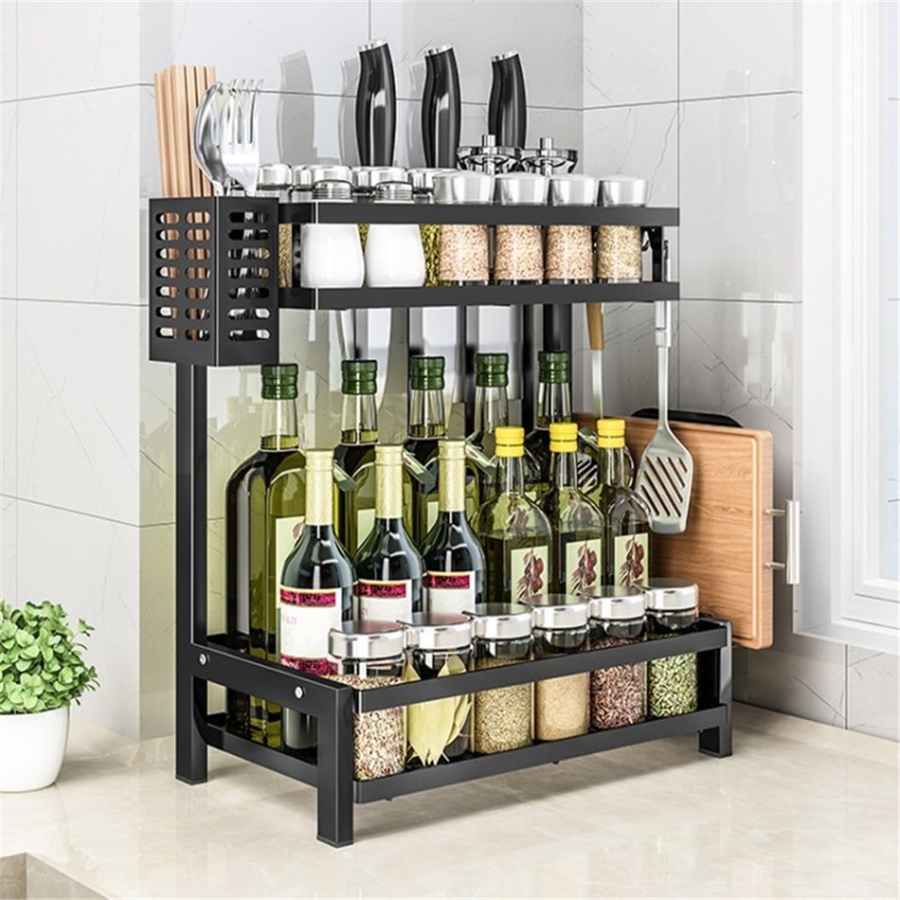 Kétszintes fűszer- és késtartó szénacélból - fekete