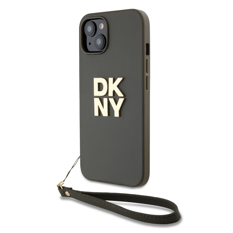 DKNY PU bőr Stack Logo csuklópánt hátlapi borító iPhone 14-hez Barna