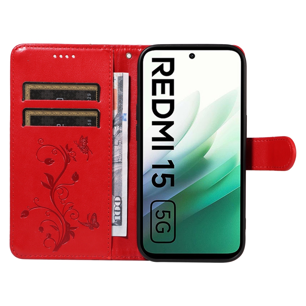 Virágos könyv tok Xiaomi Redmi 15 5G (169mm) - piros