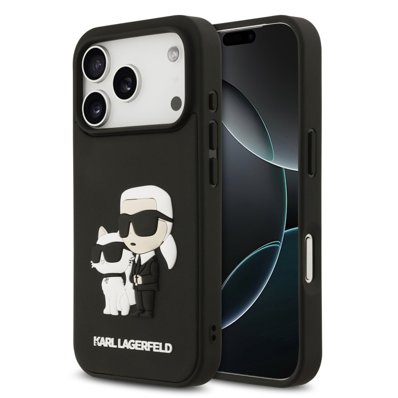 Karl Lagerfeld 3D gumiból készült Karl és Choupette hátlap iPhone 17 Pro-hoz Fekete