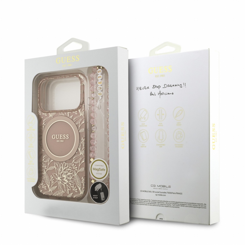 Guess IML Flowers Allover Strap MagSafe hátsó tok iPhone 18 Pro-hoz, rózsaszín