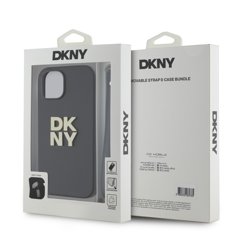 DKNY PU bőr Stack Logo csuklópánt hátlapi borító iPhone 14 Fekete