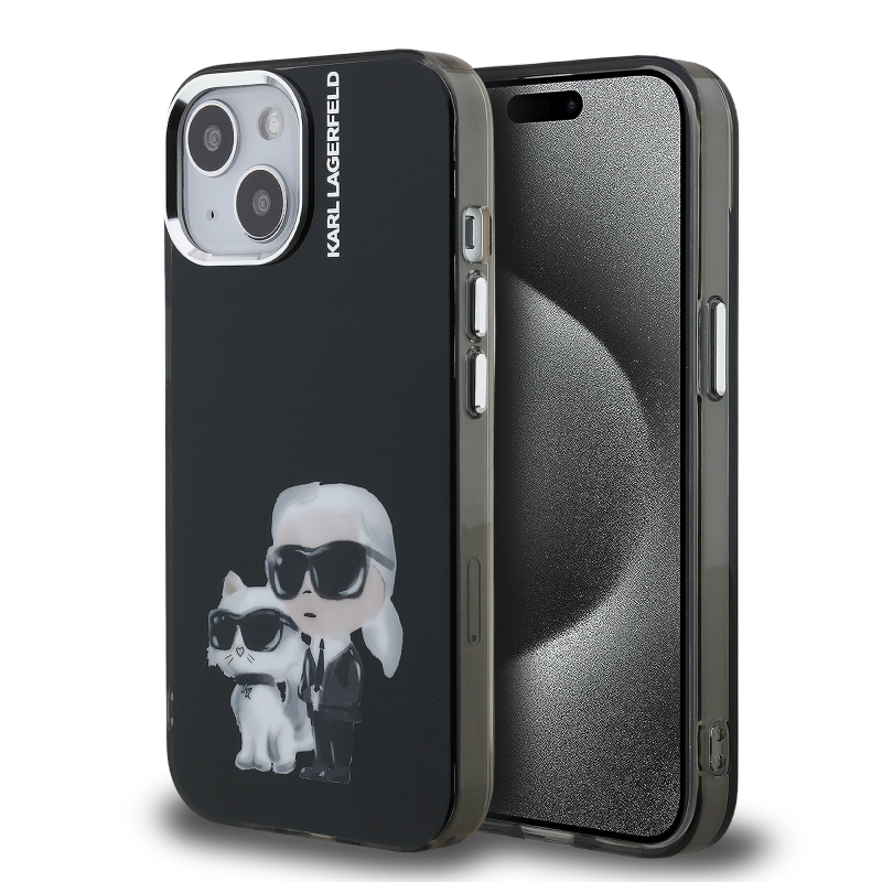 Karl Lagerfeld IML Aquarelle Karl és Choupette hátlapi borító iPhone 15 készülékhez Fekete