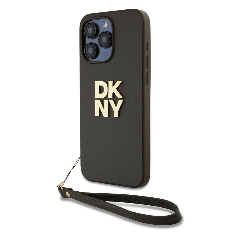 DKNY PU bőr Stack Logo csuklópánt hátlapi borító iPhone 15 Pro barna színűre