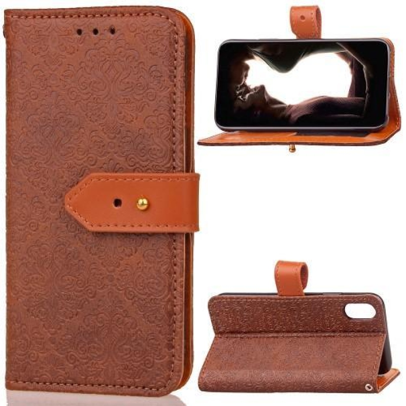 Csipkés PU bőr tok csatos zárral iPhone X készülékhez - barna