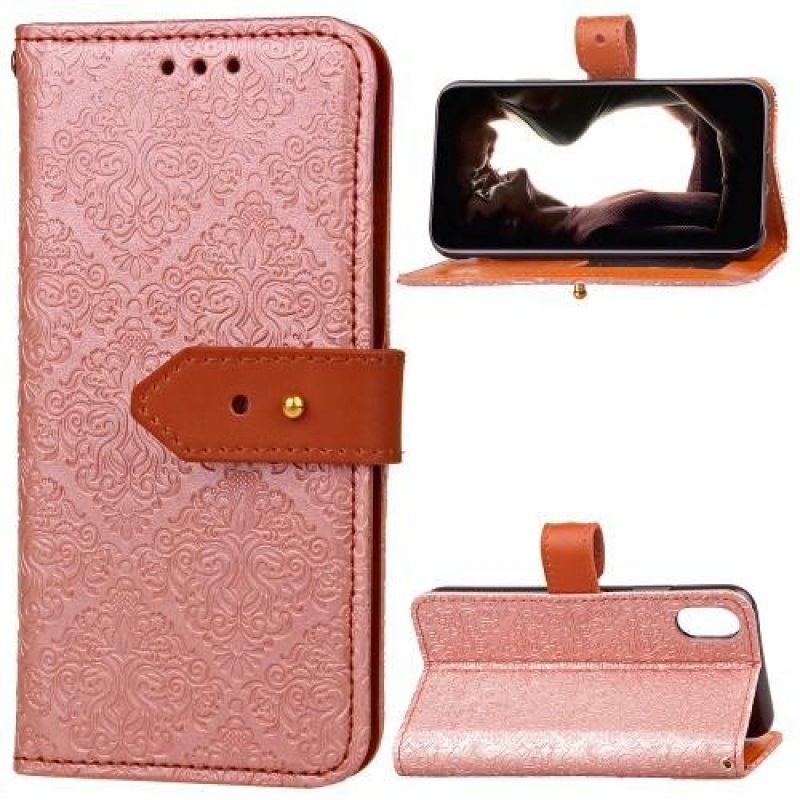 Csipkés PU bőr tok csatos zárral iPhone X készülékhez - rózsaszín