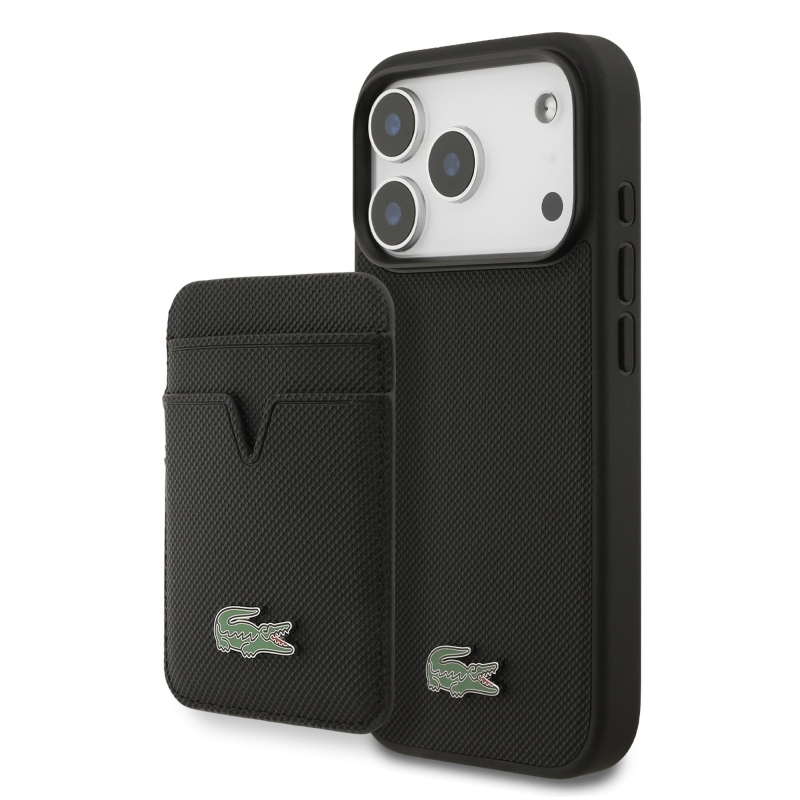 Lacoste Iconic Petit Pique MagSafe hátsó tok + pénztárca iPhone 18 Pro-hoz, fekete