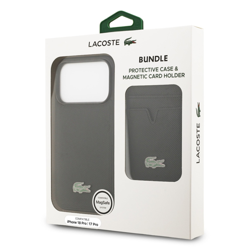 Lacoste Iconic Petit Pique MagSafe hátsó tok + pénztárca iPhone 18 Pro-hoz, fekete