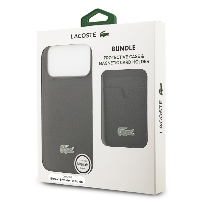 Lacoste Iconic Petit Pique MagSafe hátsó tok + pénztárca iPhone 18 Pro Max-hoz, fekete