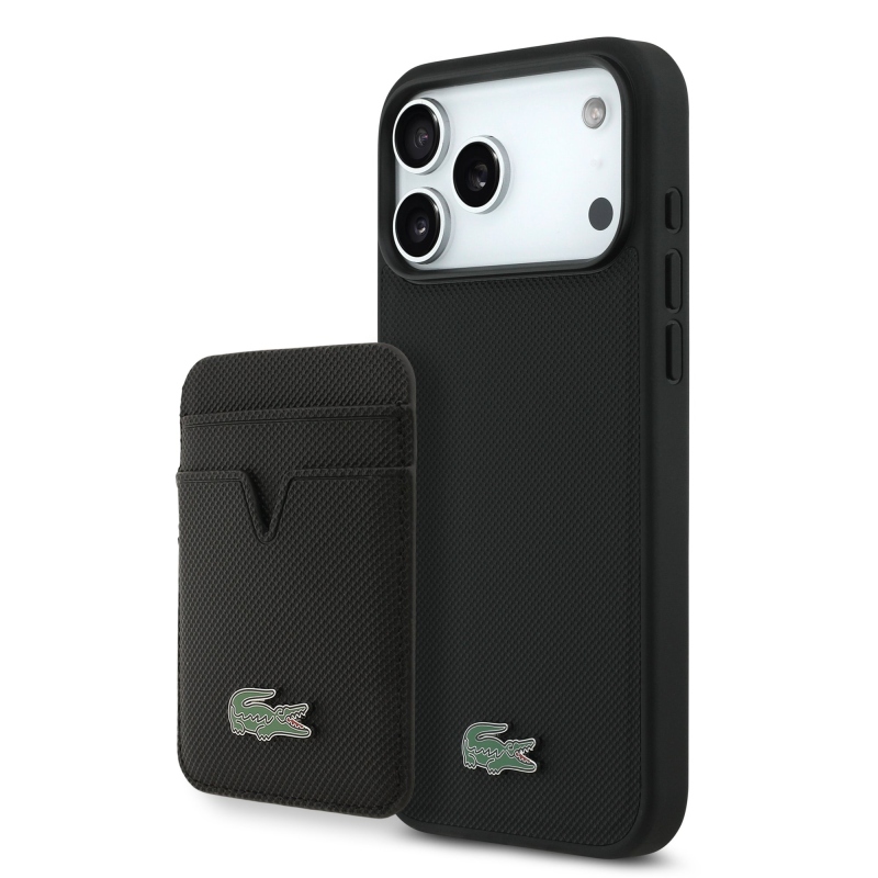 Lacoste Iconic Petit Pique MagSafe hátsó tok + pénztárca iPhone 18 Pro Max-hoz, fekete