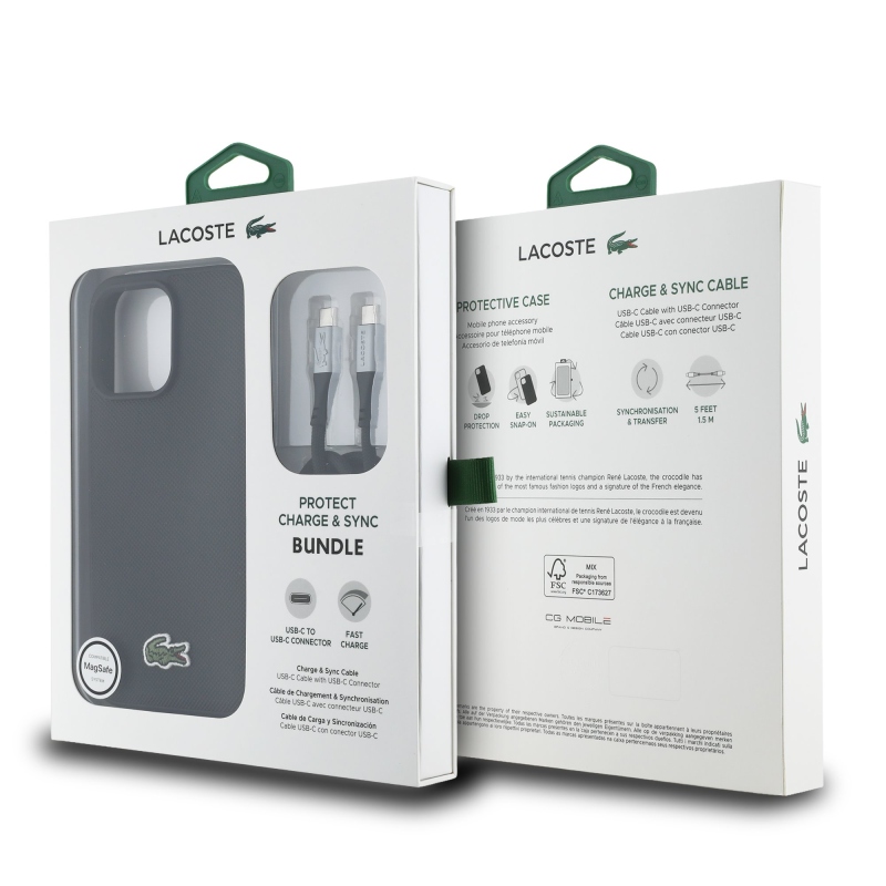 Lacoste Iconic Petit Pique Woven Logo MagSafe hátlap iPhone 15 Pro fekete + USB-C/USB-C adatkábelhez