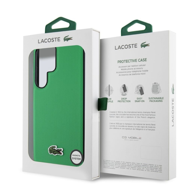 Lacoste Iconic Petit Pique Woven Logo MagSafe hátlap a Samsung Galaxy S25 Ultra Green számára