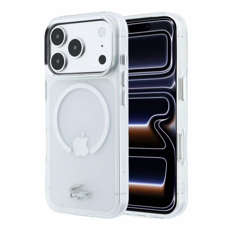Lacoste IML Frosted Petit Pique Metal Logo MagSafe hátsó tok iPhone 18 Pro Max-hoz, átlátszó