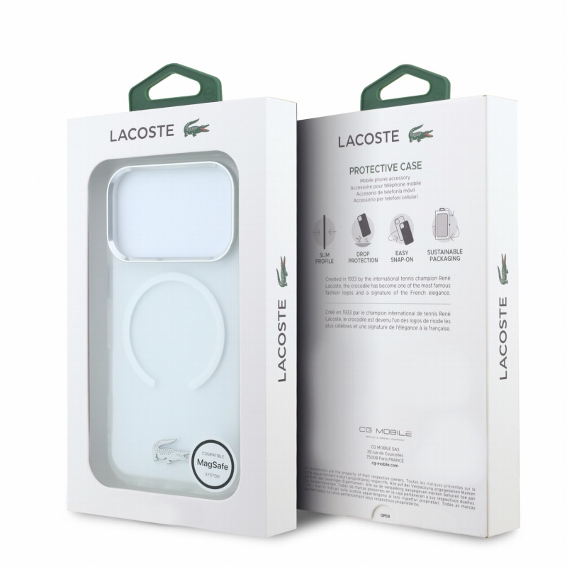 Lacoste IML Frosted Petit Pique Metal Logo MagSafe hátsó tok az iPhone 18 Pro-hoz, átlátszó
