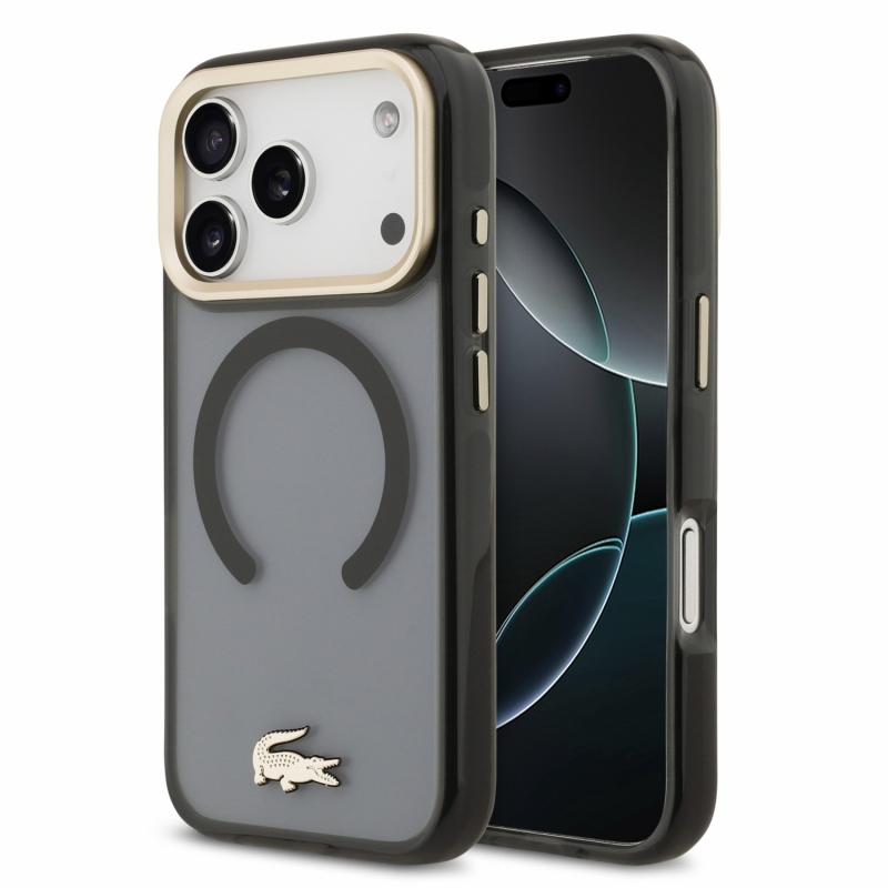 Lacoste IML ütésálló Petit Pique arany logós MagSafe hátsó tok iPhone 18 Pro-hoz, fekete