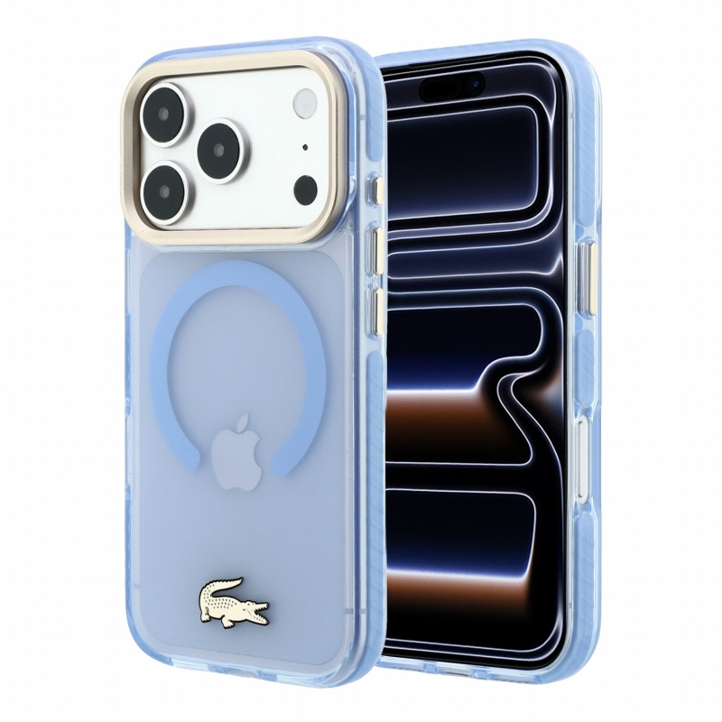 Lacoste IML ütésálló Petit Pique arany logós MagSafe hátsó tok iPhone 18 Pro-hoz, kék
