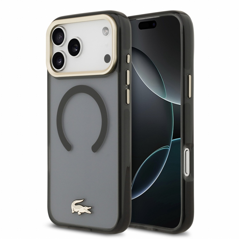 Lacoste IML ütésálló Petit Pique arany logós MagSafe hátsó tok iPhone 18 Pro Max-hoz, fekete