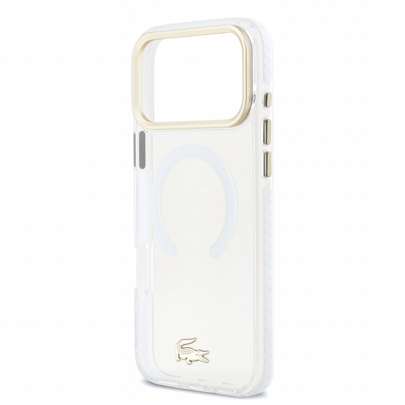 Lacoste IML ütésálló Petit Pique arany logós MagSafe hátsó tok iPhone 18 Pro Max-hoz, átlátszó