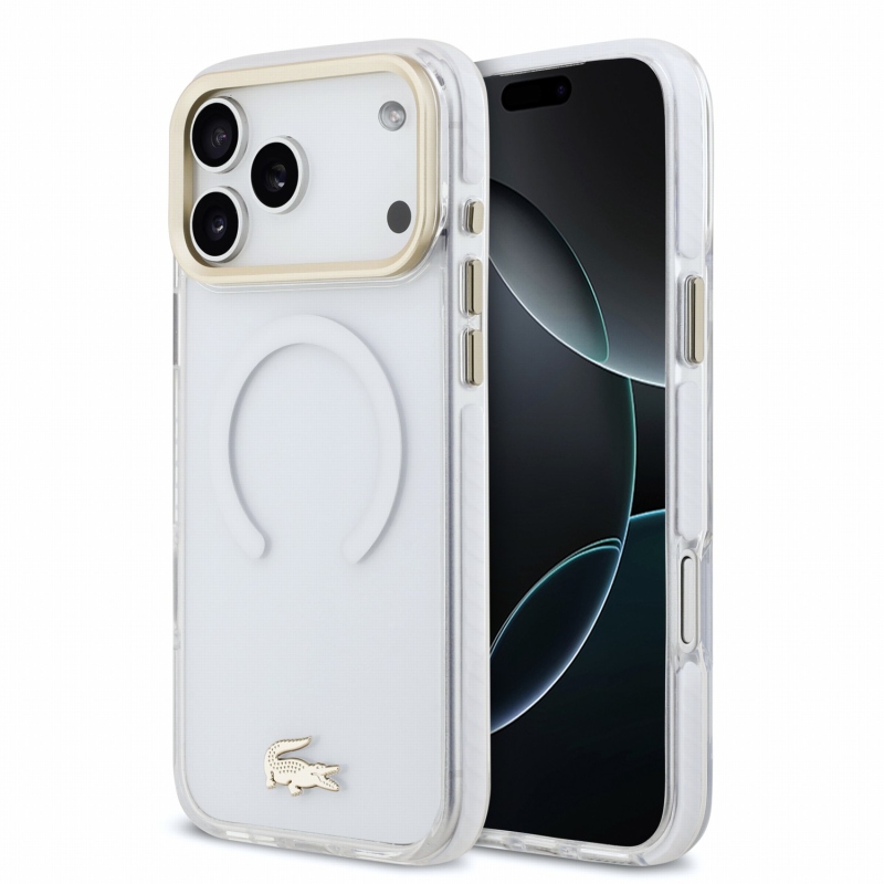 Lacoste IML ütésálló Petit Pique arany logós MagSafe hátsó tok iPhone 18 Pro Max-hoz, átlátszó
