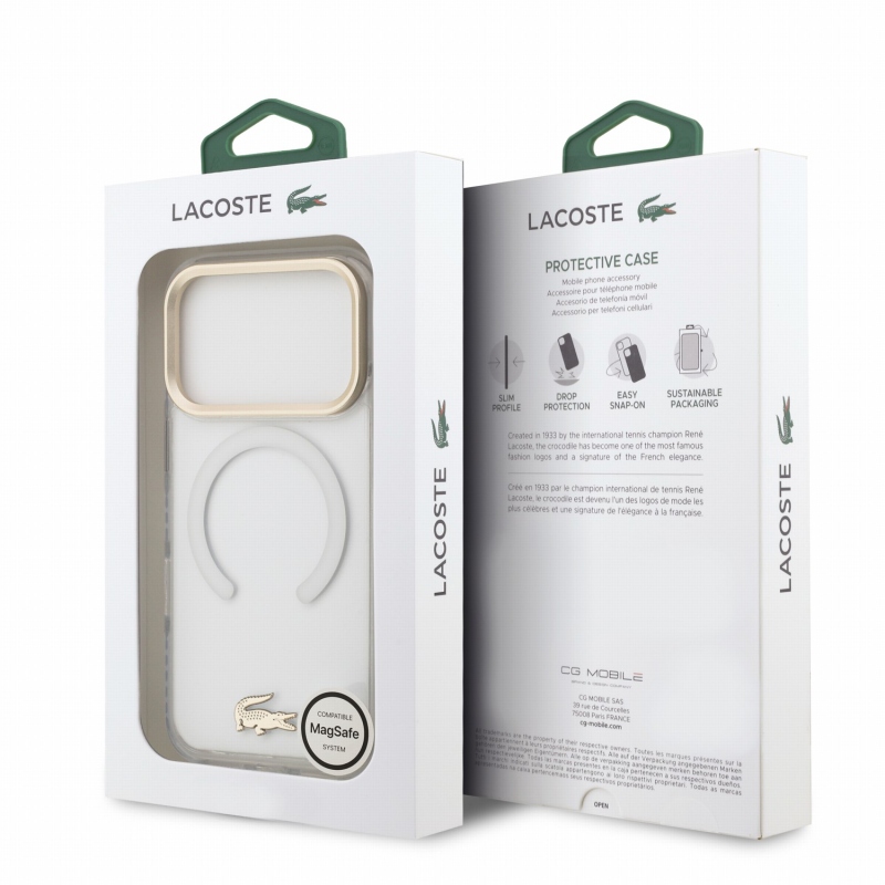 Lacoste IML ütésálló Petit Pique arany logós MagSafe hátsó tok iPhone 18 Pro-hoz, átlátszó