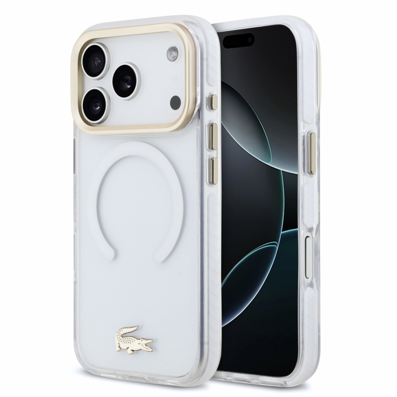 Lacoste IML ütésálló Petit Pique arany logós MagSafe hátsó tok iPhone 18 Pro-hoz, átlátszó