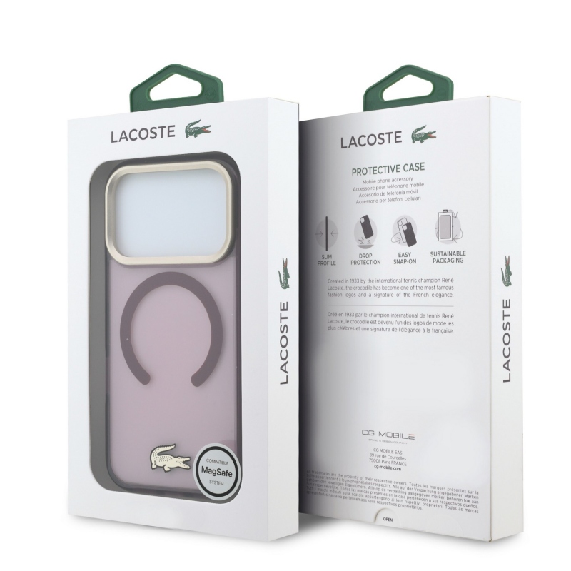 Lacoste PC/TPU matt felületű, arany logós MagSafe hátsó tok iPhone 18 Pro-hoz, bordó