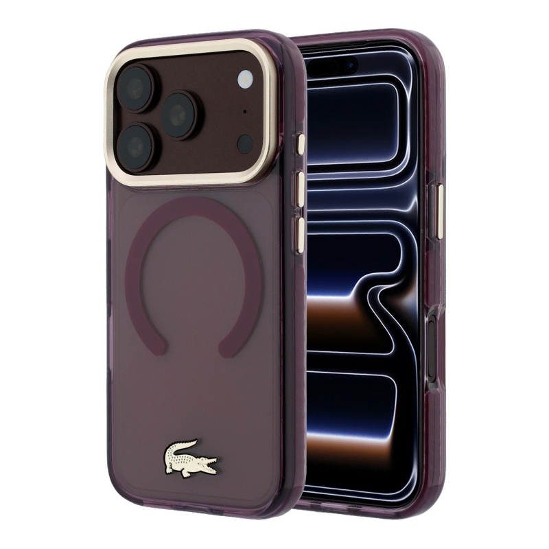 Lacoste PC/TPU matt felületű, arany logós MagSafe hátsó tok iPhone 18 Pro-hoz, bordó